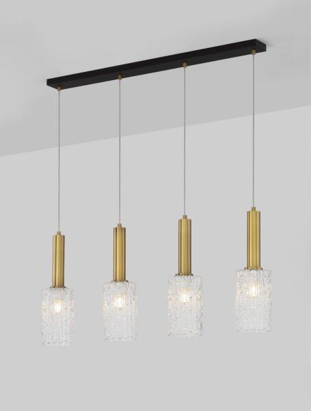 Hängelampe in Schwarz Gold 90 cm lang E27 Klarglas 4 flammig