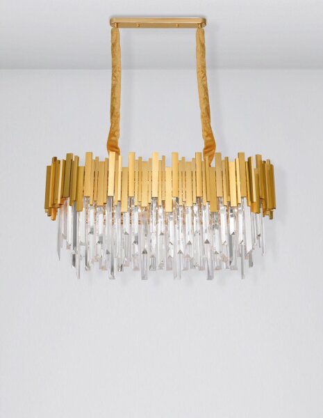 Pendelleuchte Kristall Metall E14 in Gold 80 cm lang rund