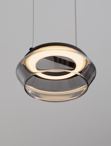 LED Pendelleuchte Ø 14 cm Schwarz höhenverstellbar Rauchglas
