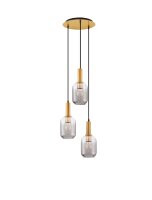 H&auml;ngelampe Retro in Gold Grau 36 cm breit E27 Rauchglas
