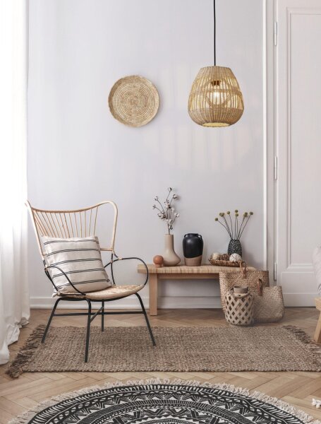 Hängelampe Schwarz Beige Ø 27 cm E27 Rattan Metall rund