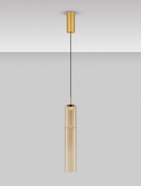 LED Pendelleuchte schmal Ø 9 cm in Gold Cognac Rauchglas