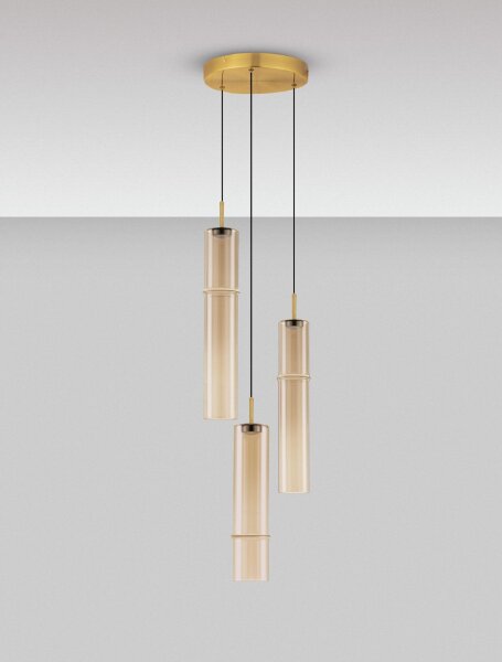 LED Pendelleuchte Rauchglas in Gold Cognac 29 cm breit