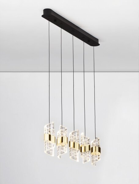LED Hängelampe in Schwarz Gold 82 cm lang 5 flammig warmweiß