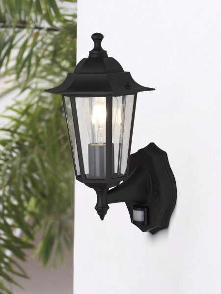Außenwandlampe Glas Schwarz E27 IP44 Bewegungsmelder